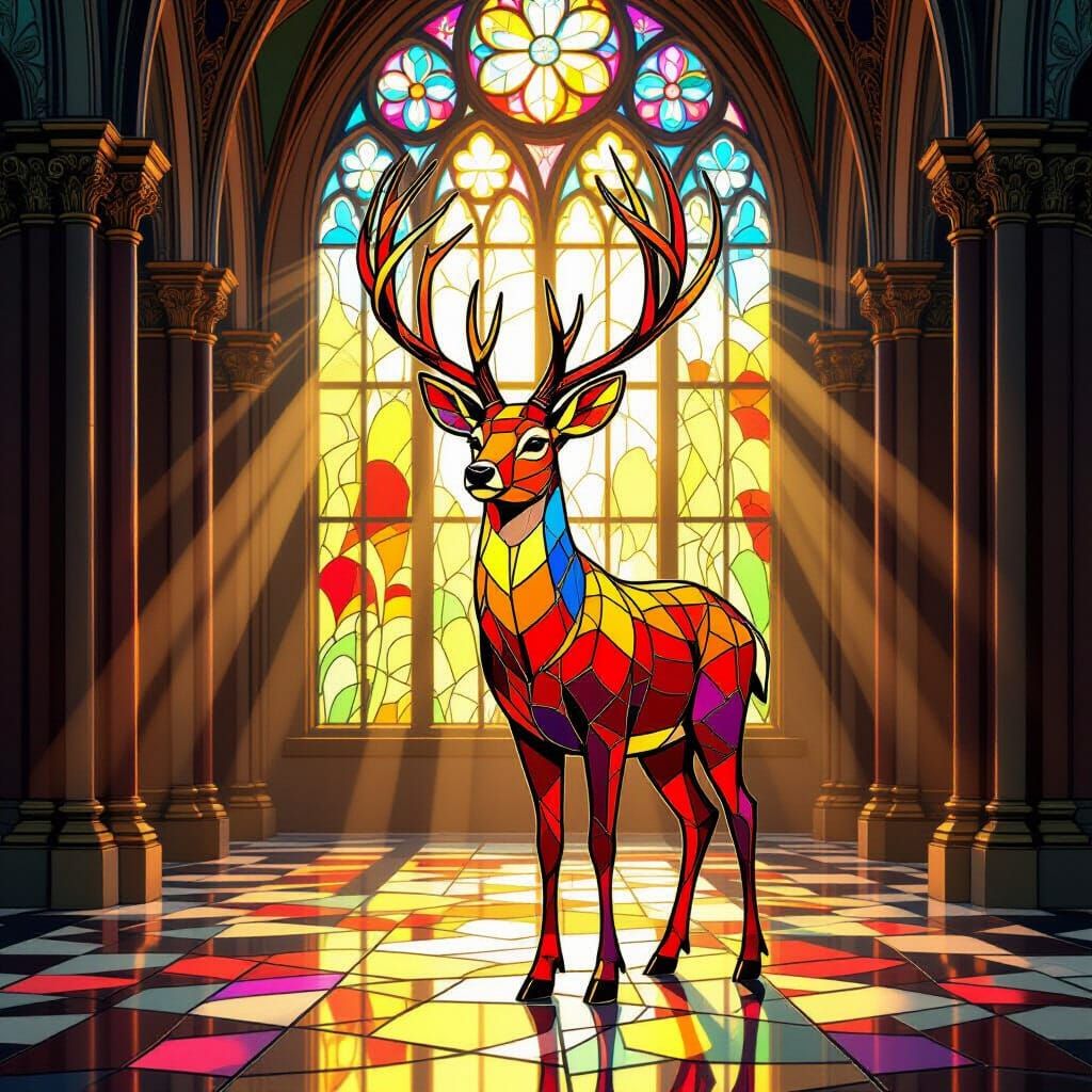 Stained Glass Deer in Art Nouveau Style