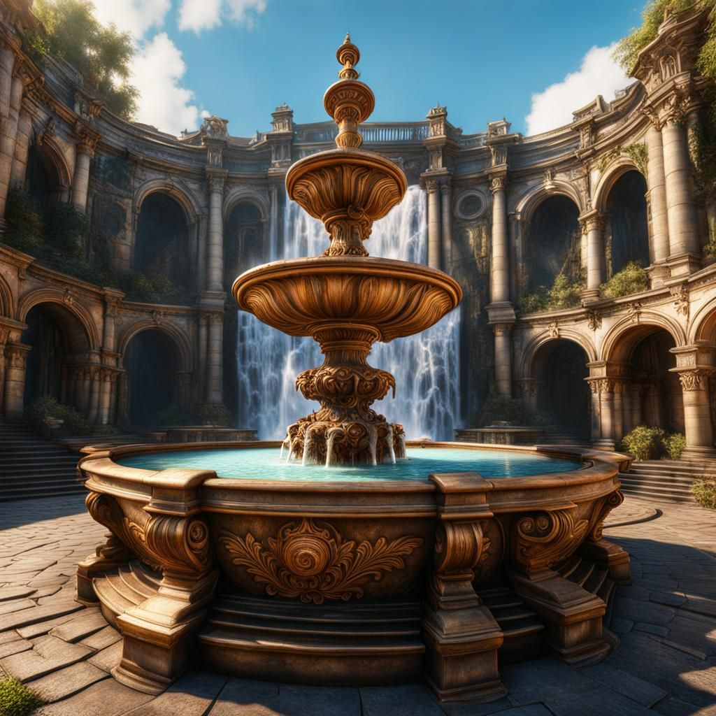 Hyperrealistic Steampunk Fountain in Baroque Ruins
