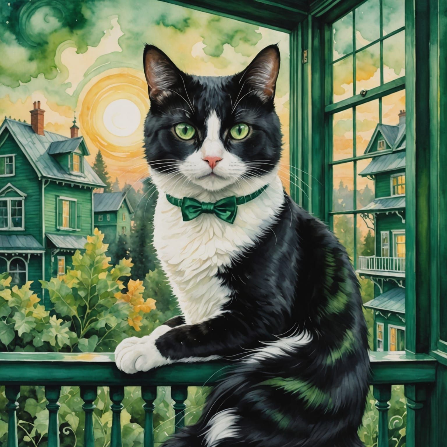 Whimsical Watercolor Cat Basks in Muted Morning Light