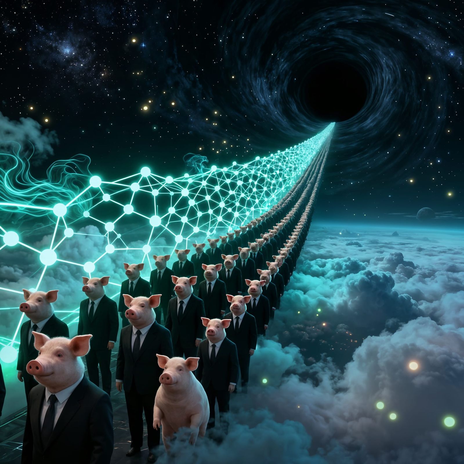 Pig Men Vanish into Event Horizon with Glowing Clouds