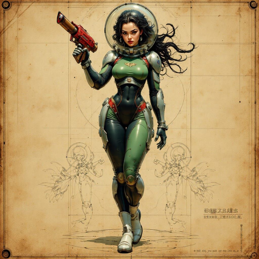 Muscular Latina Woman in Retro-Futuristic Spacesuit Holding ...