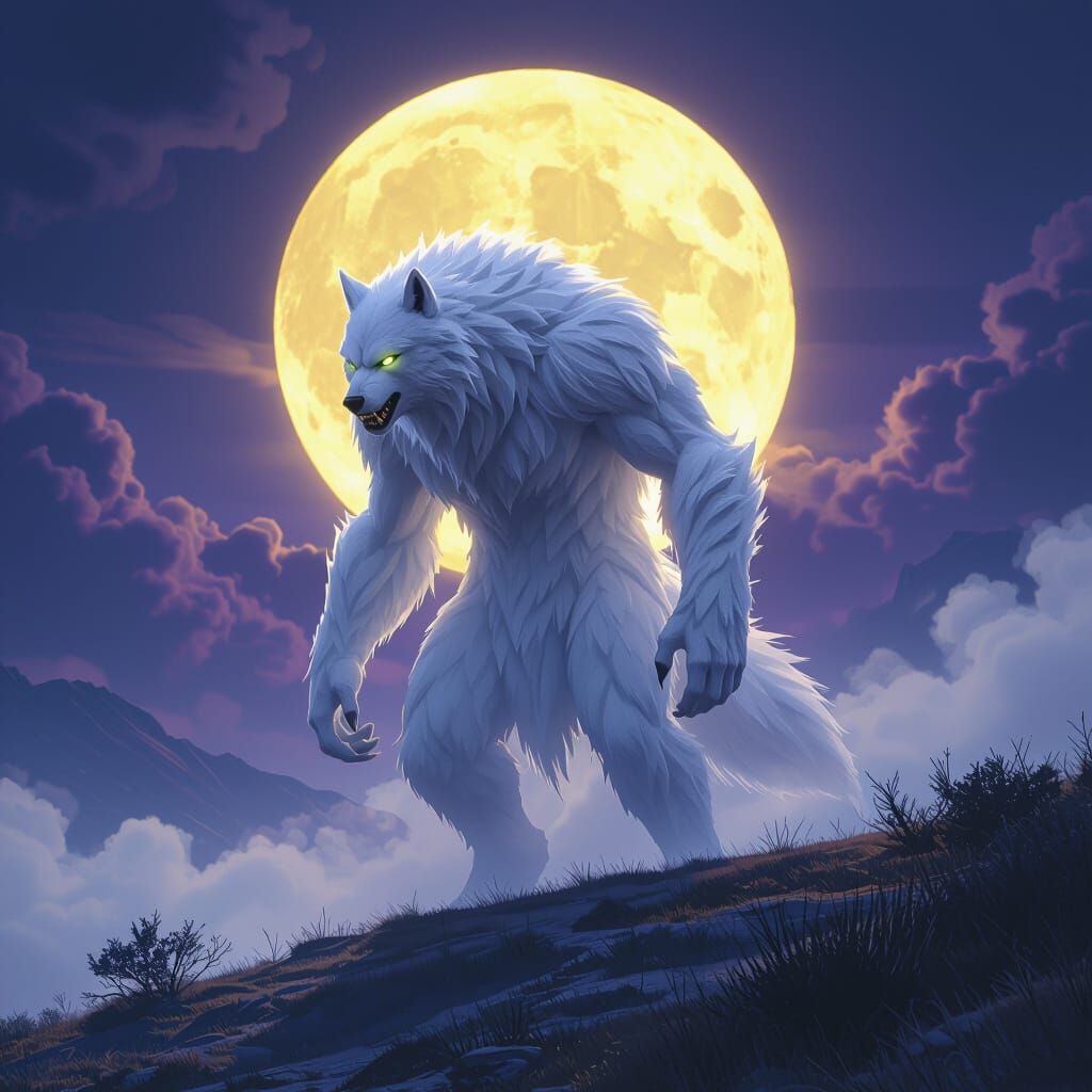 Majestic White Werewolf on Misty Hill in Dark Fantasy Style