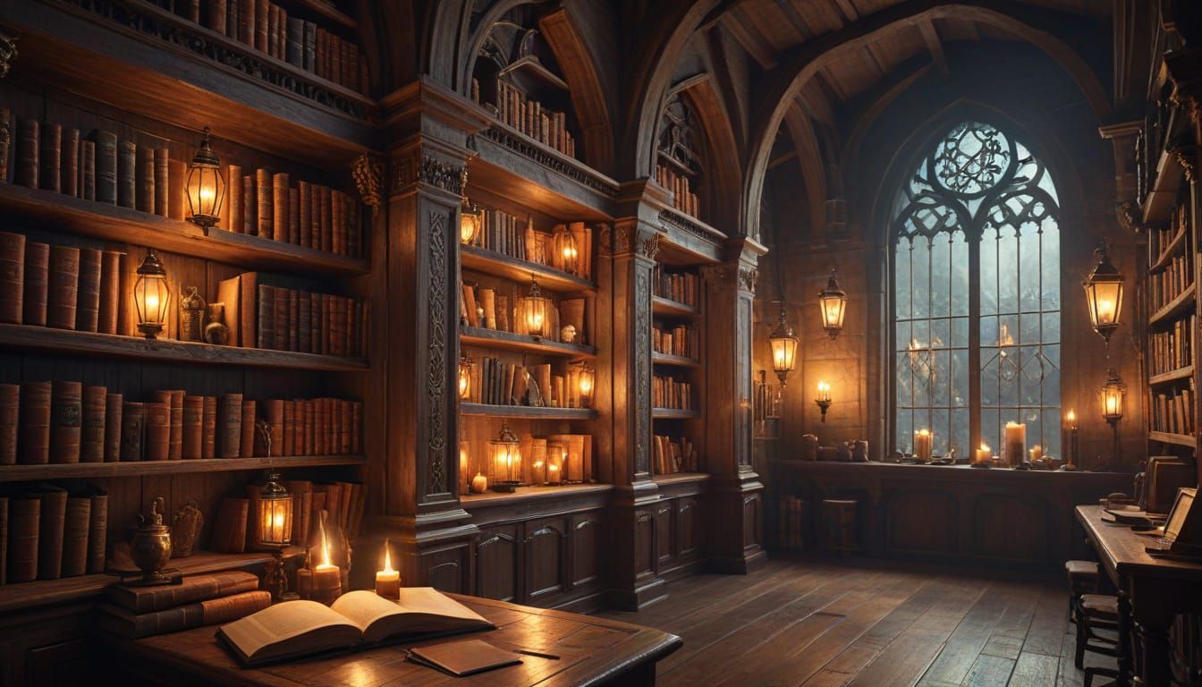 Magical Library in Medieval Castle: Fantasy Illustration