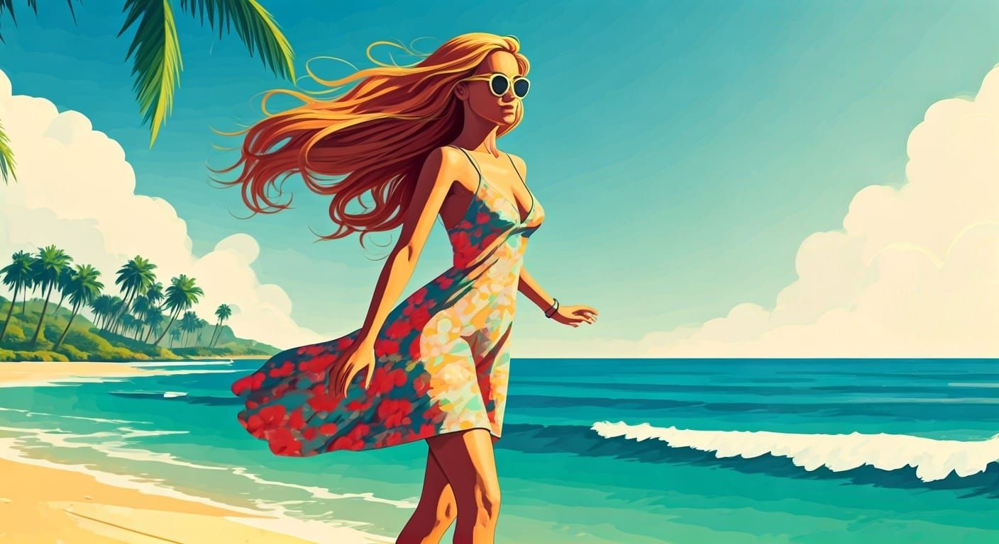Woman Surfing in Pop Art Style Coastal Landscape