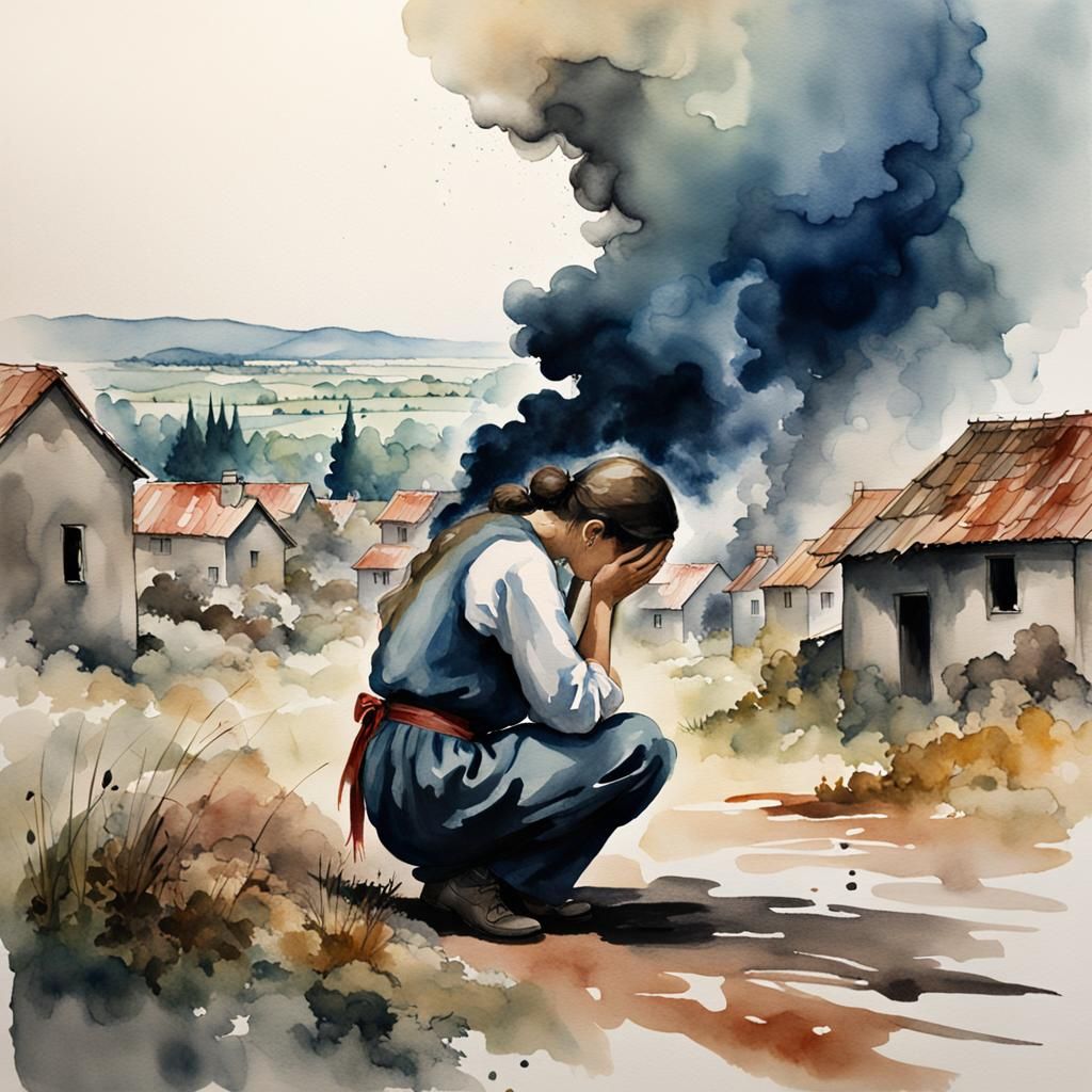 Tragic Village Scene in Watercolor Style