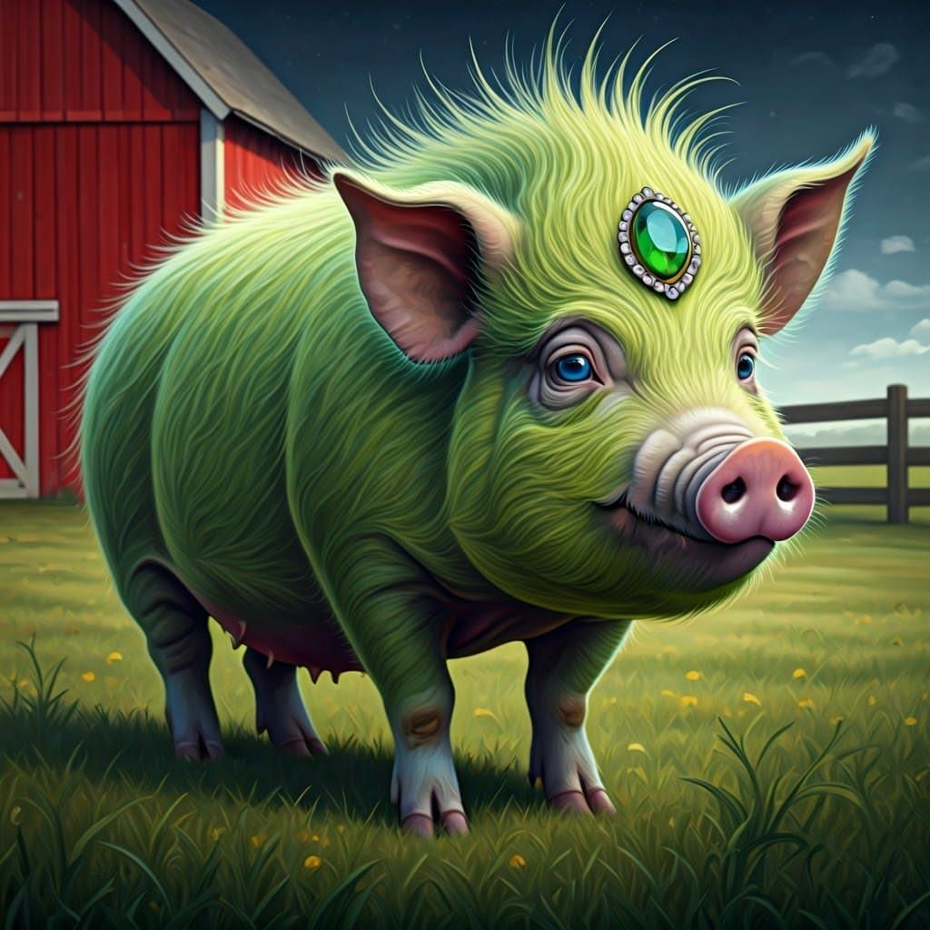 Quirky Chartreuse Pig in a Red Barn Landscape
