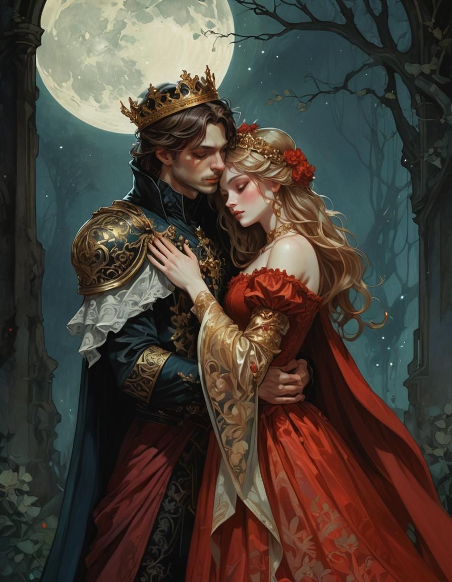 Gothic Prince and Princess Embrace Illustration