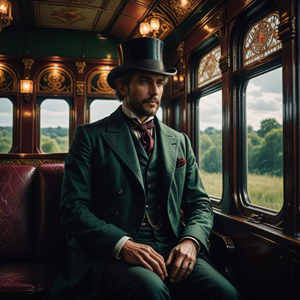 Regal Victorian Gentleman in a Luxurious Train Car