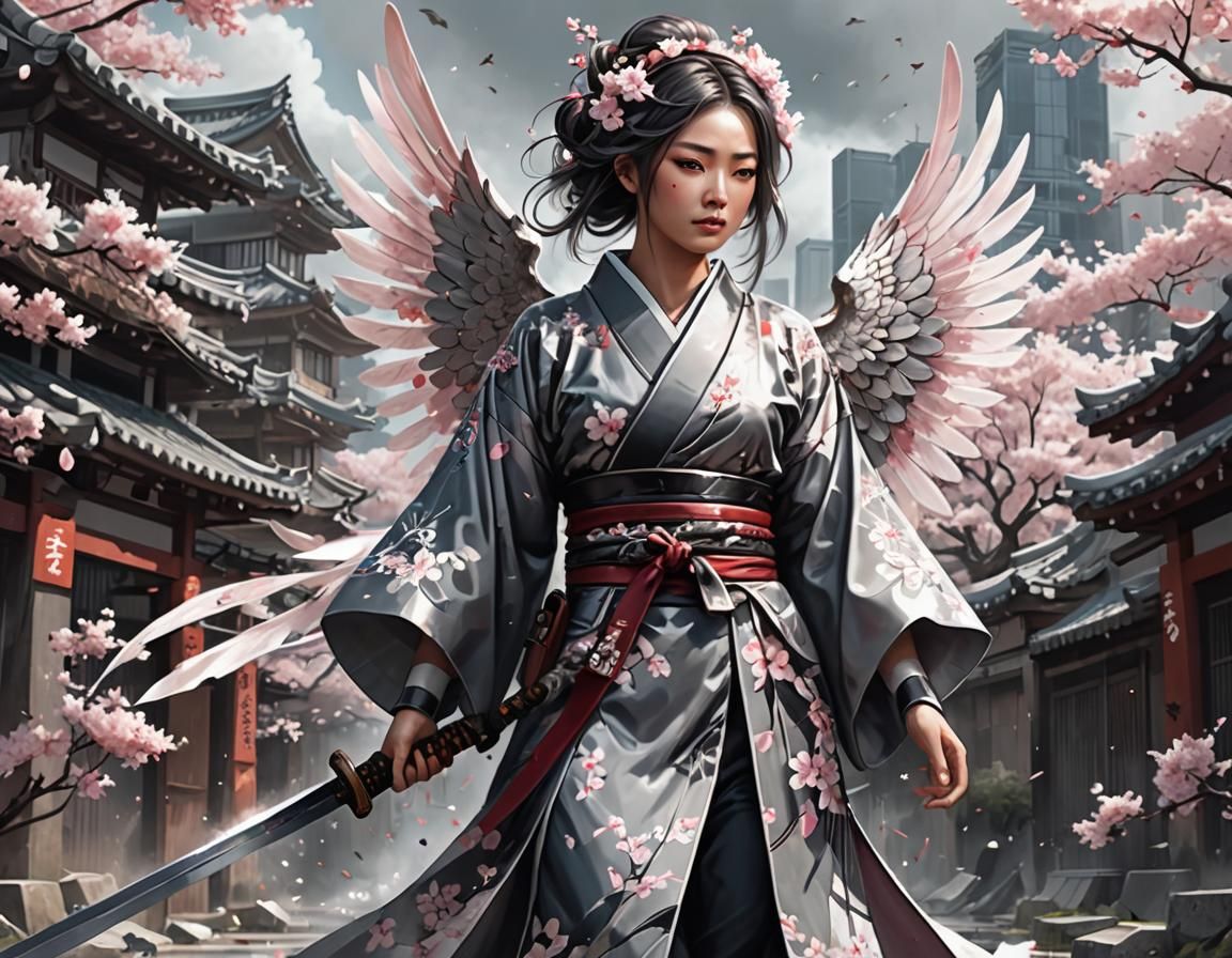 Fallen Warrior: Japanese Swordfighter with Angel Wings