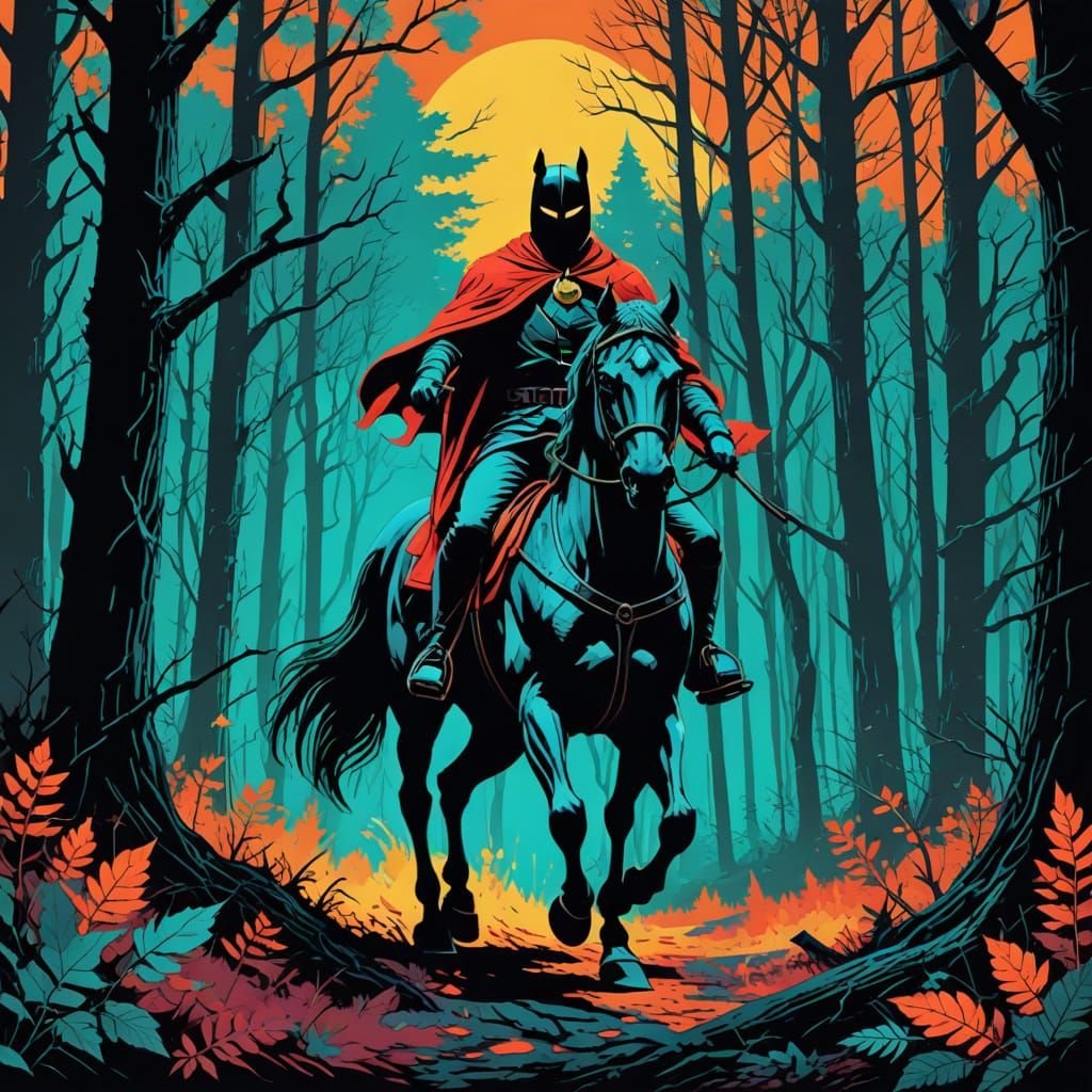 Headless Horseman Rides Through Dark Forest in Pop Art Style