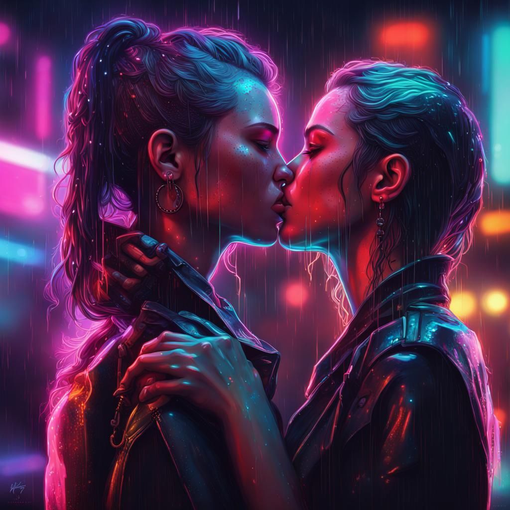 Cyberpunk Girls Kissing in Neon Rain: Splash Art