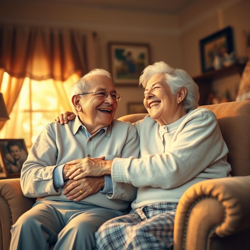Wholesome Grandparents Embrace in Golden Light