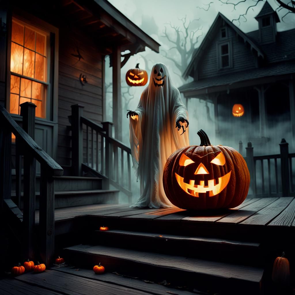 Ethereal Ghost and Jack-o-Lantern on Porch