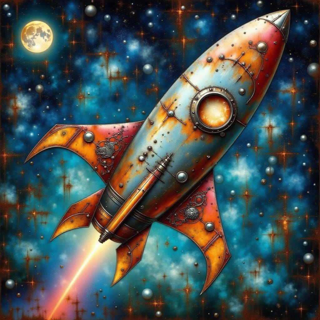 Surreal Steampunk Masterpiece: Moonlit Rocket Ship
