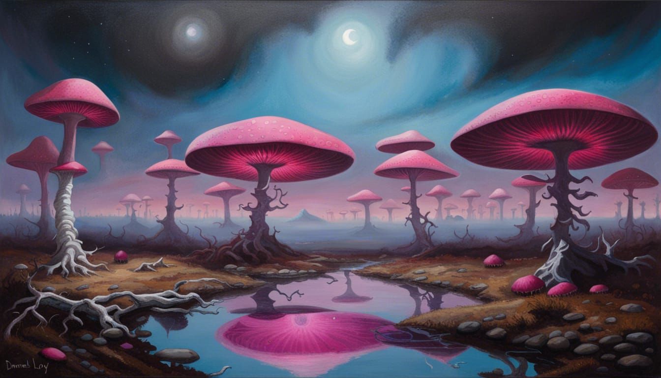 Surreal Magenta Mushroom Landscape with Galaxy Sky
