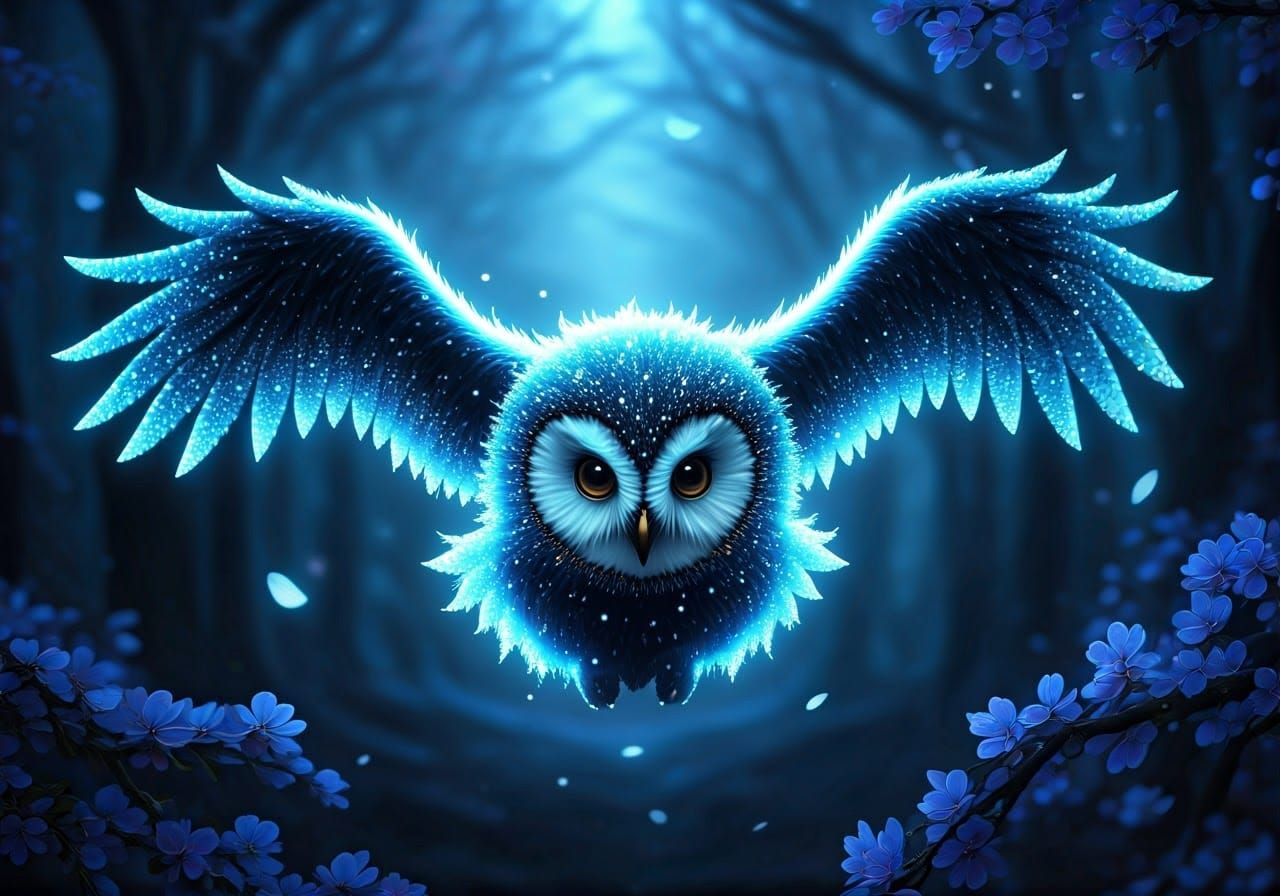 Hyperrealistic Glowing Blue Owl Flying in Glittering Forest