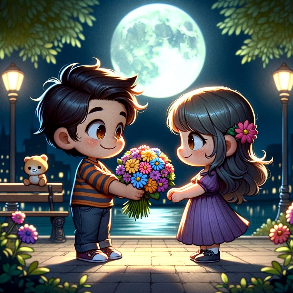 Chibi Boy Gives Flowers to Girl in Moonlight