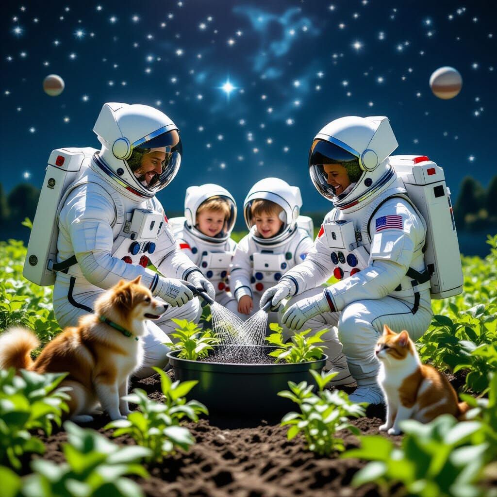 Farmer Family in Space Suits Tending Crops with Pets