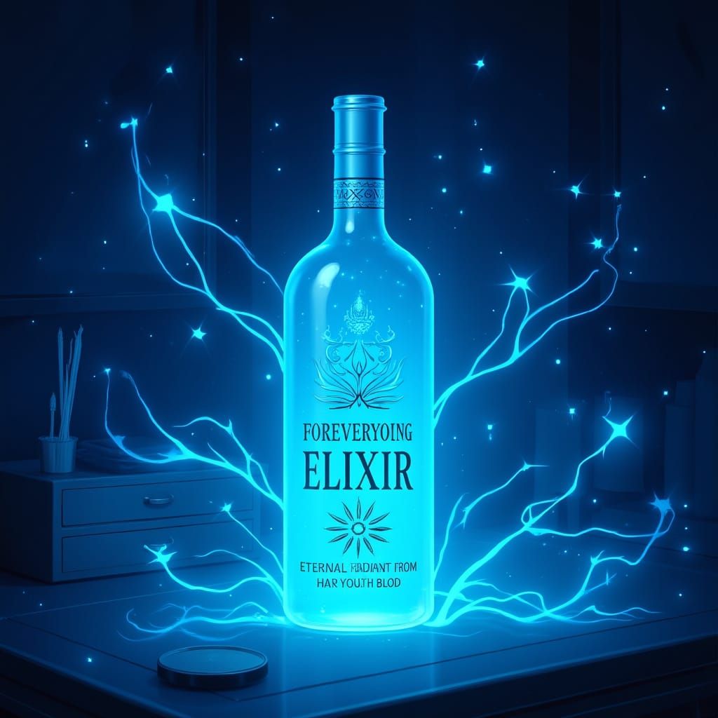 ForeverYoung Elixir Bottle Glowing on Vanity Table