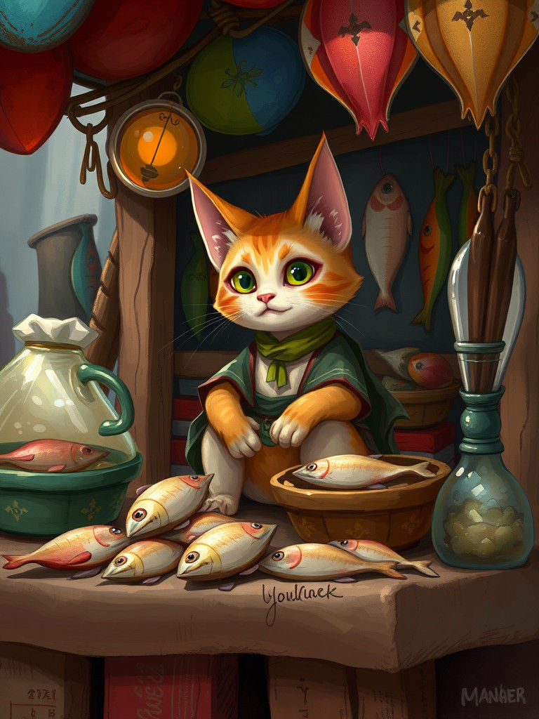 Cat Folk Merchant in Fantasy Market Stall
