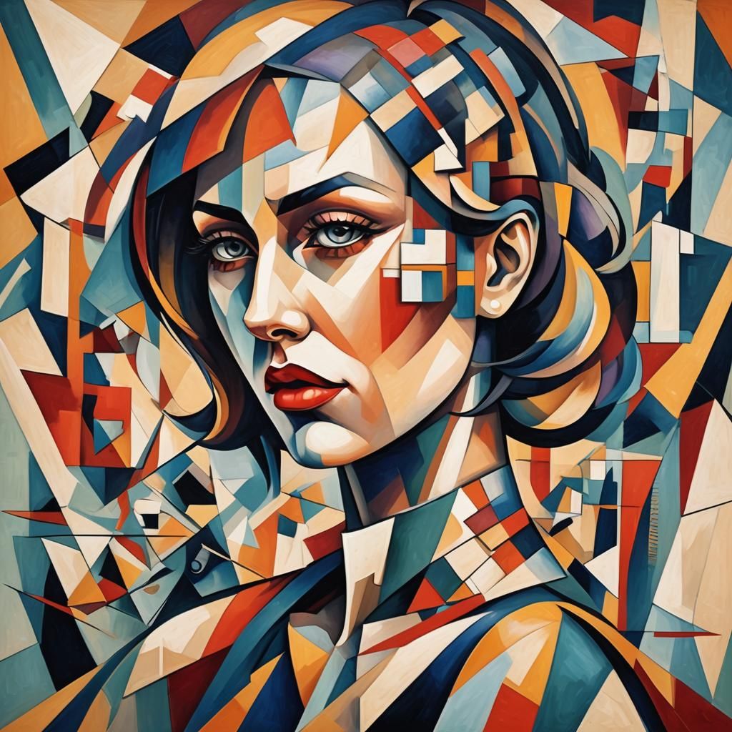 Geometric Cubist Girl in Art Deco Style