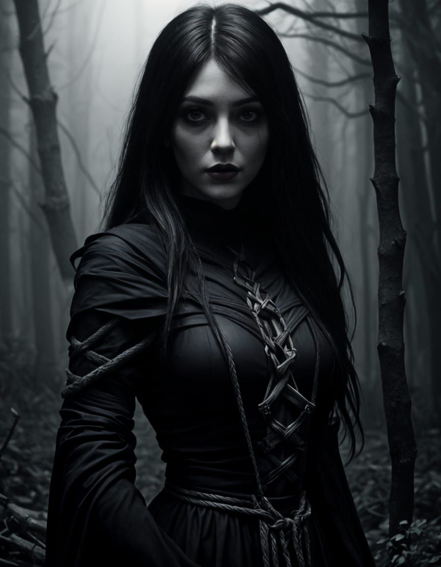 Gothic Woman in Dark Fantasy Forest