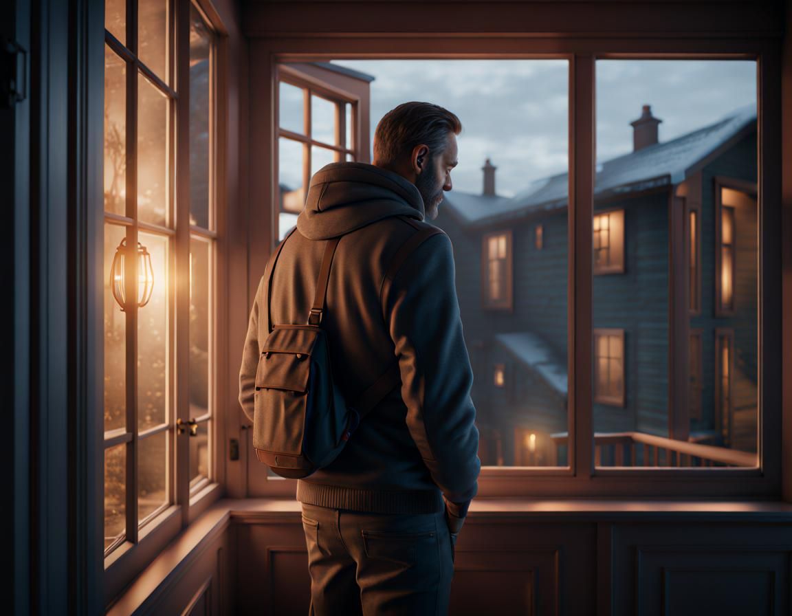 Sad Man Looks Through Window: Hyperdetailed Unreal Engine Sc...