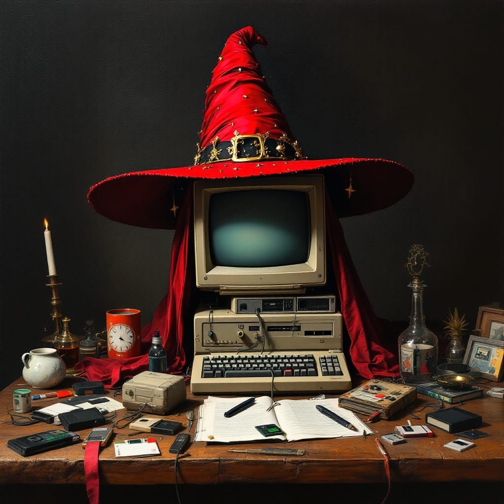 Glamorous Witch Computer in Detailed Oil Painting