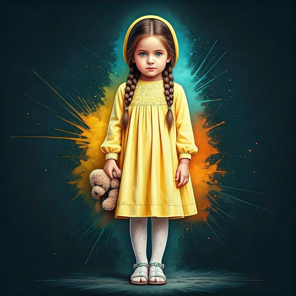 Modest Young Girl in Vibrant Colors, Holding a Teddy Bear