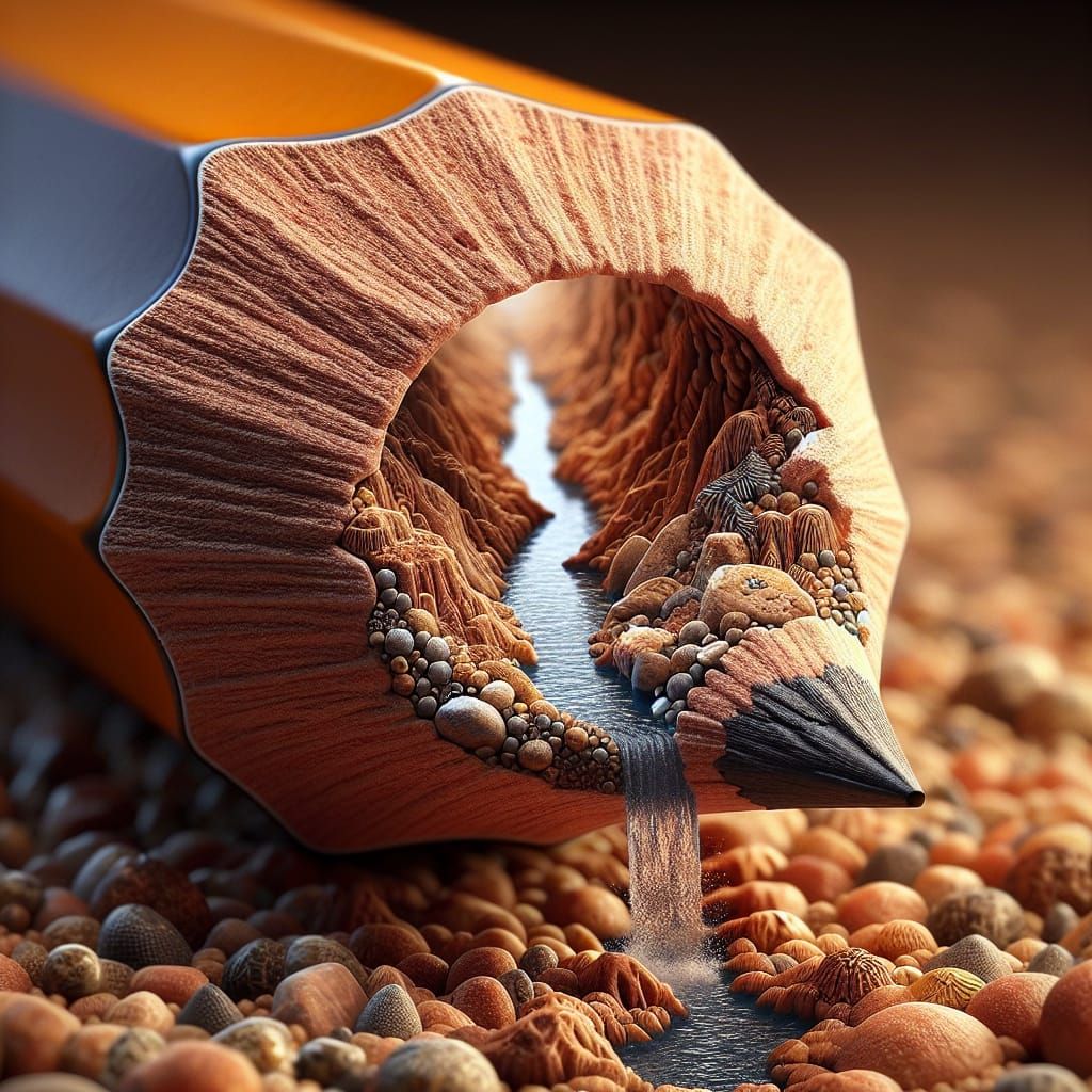 Pencil Landscape with River and Stones, Macro Photography St...