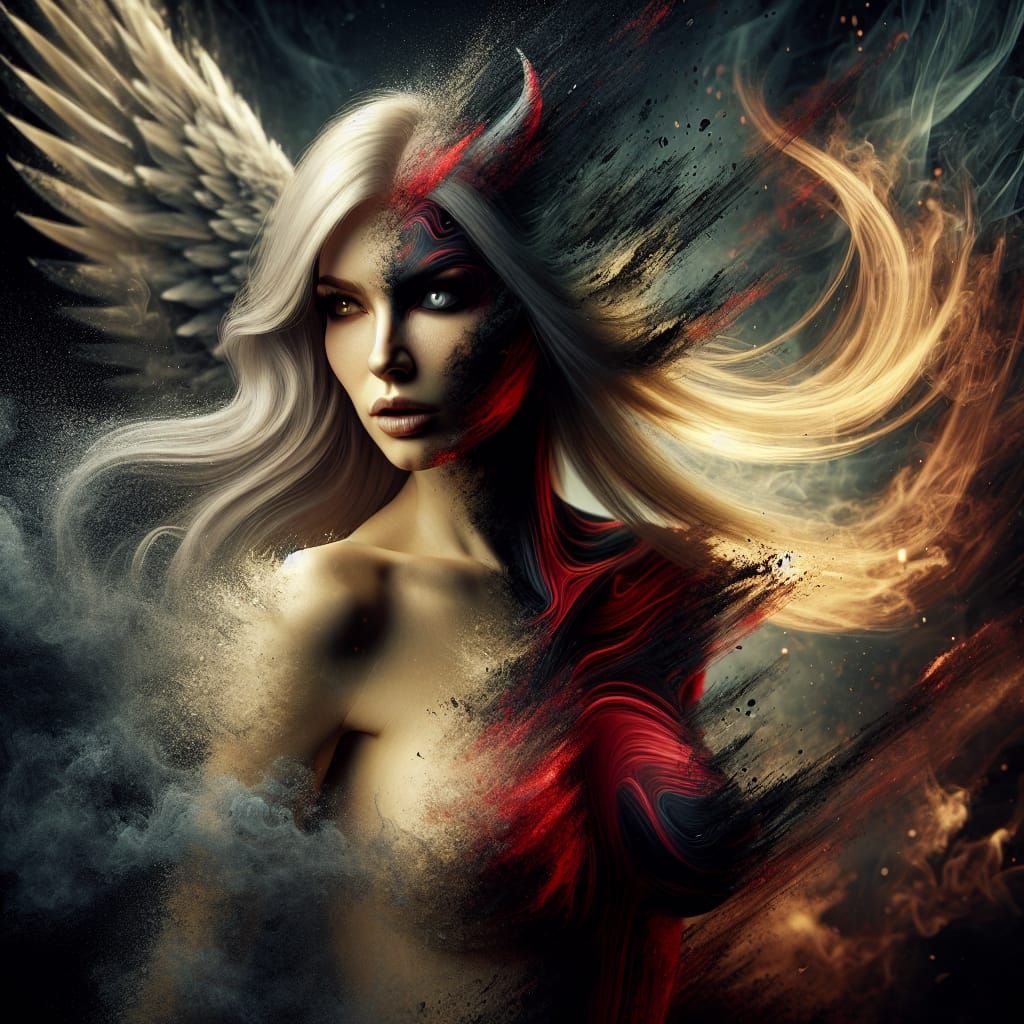 Half-Angel, Half-Devil Woman in Splash Art Style