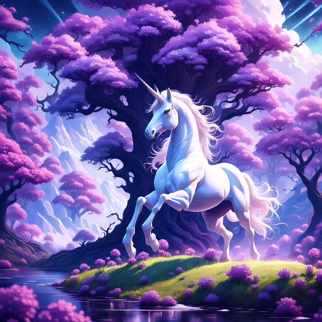 Unicorn in Mythical Spring Landscape, Detailed Matte Paintin...
