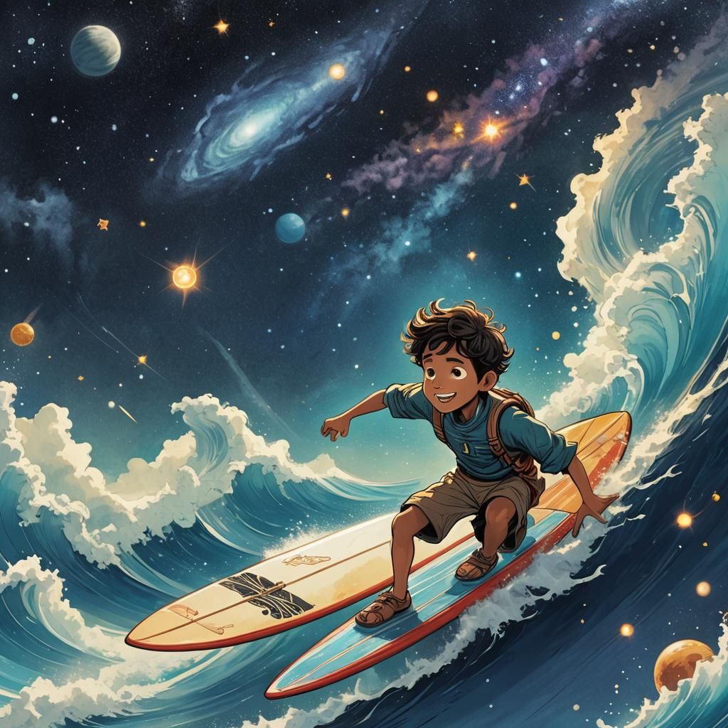 Boy Rides Comet Through Starry Sky