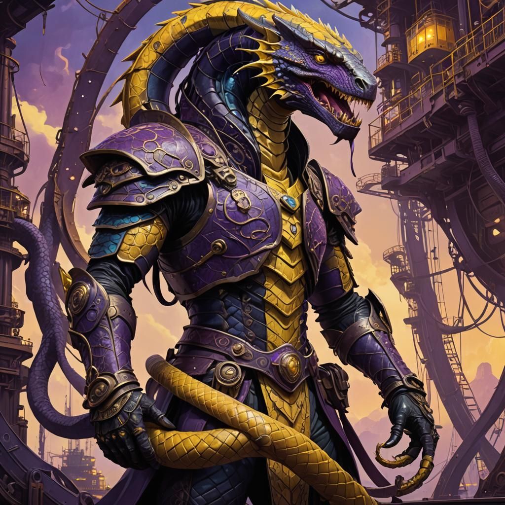 Alien Serpent Warrior on Burning Oil Rig