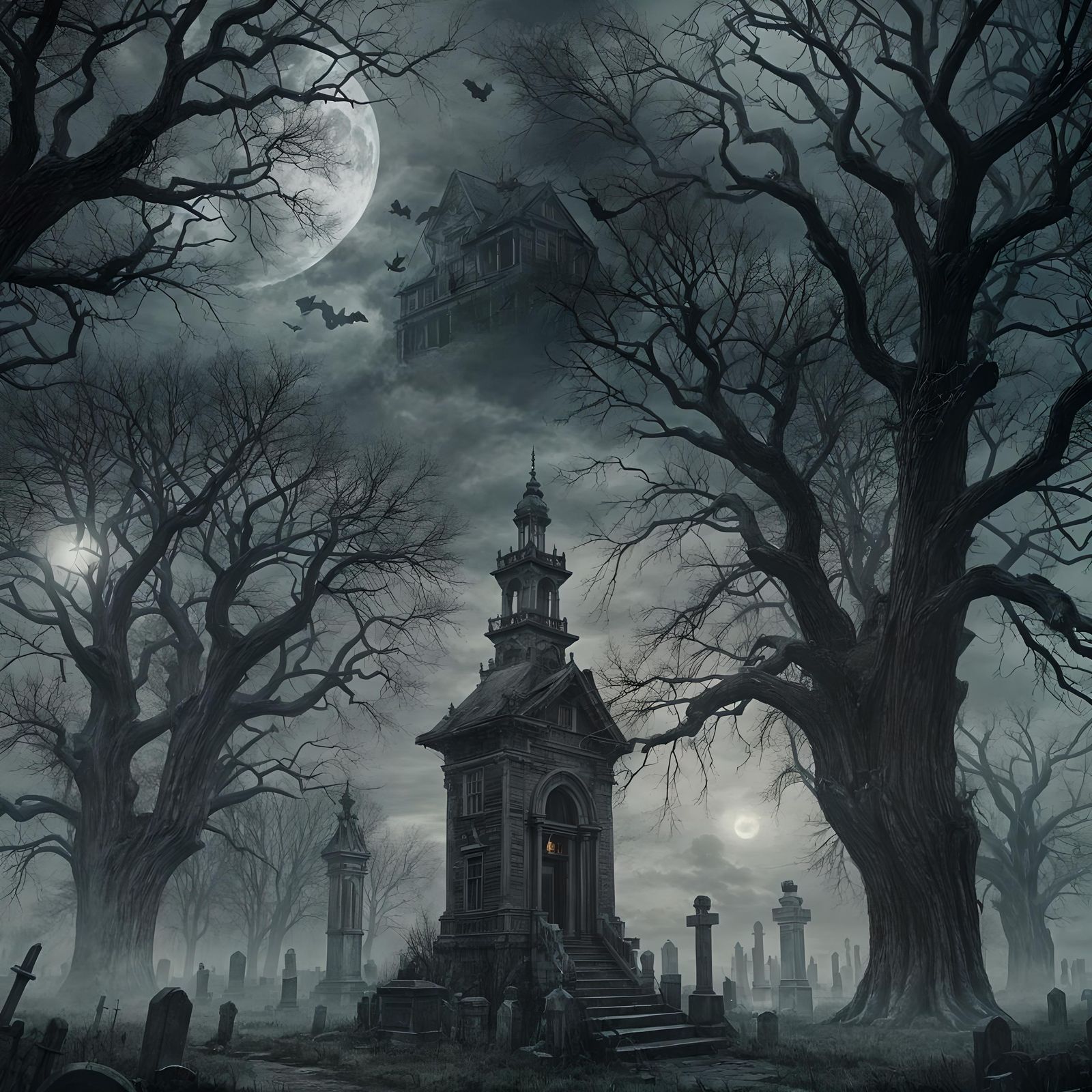 Haunted House with Gravestones, Ghosts and Witches