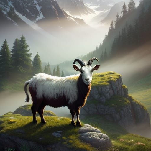 Vibrant Goat Standing on Rocky Outcropping in Misty Mountain...