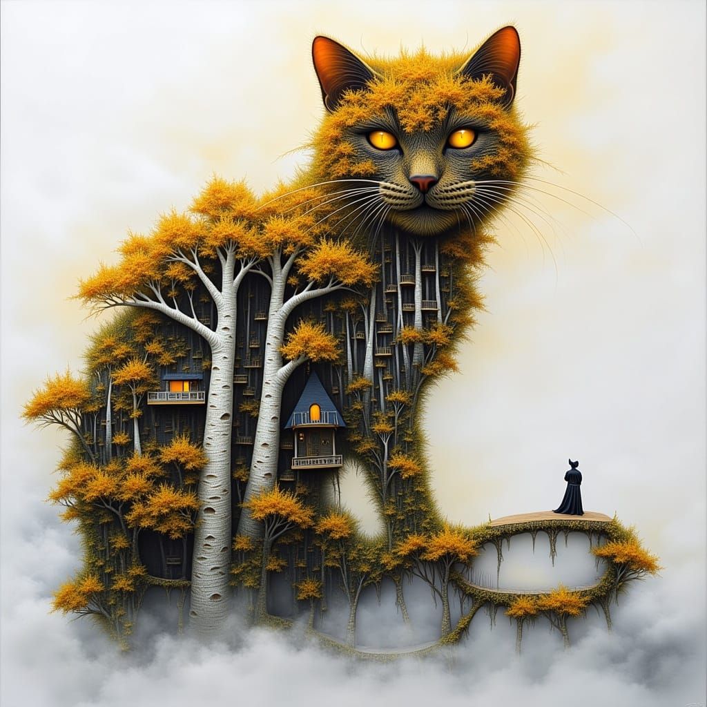 Surrealistic Cityscape with a Calico Cat in Harmony with Nat...