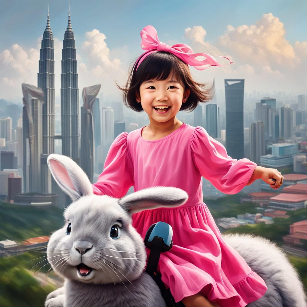 Girl on Fluffy Rabbit Flying Over Kuala Lumpur