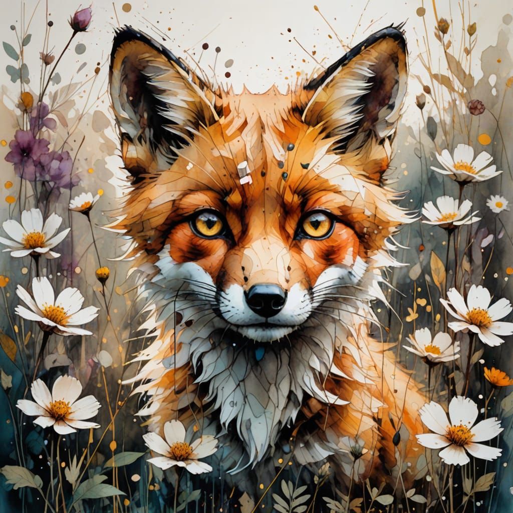 Dreamy Whimsical Watercolor Baby Fox Cub in a Golden Meadow