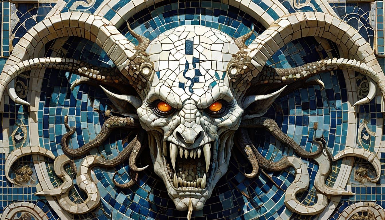 Grotesque Mosaic Beast Devours City in Hellish Dimension