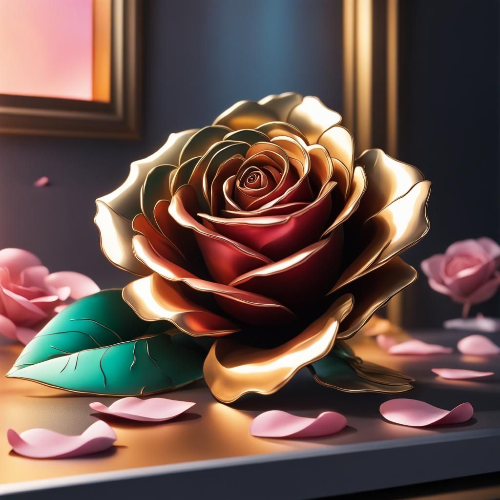 Hyperrealistic Gold Metal Rose with Love Inscription