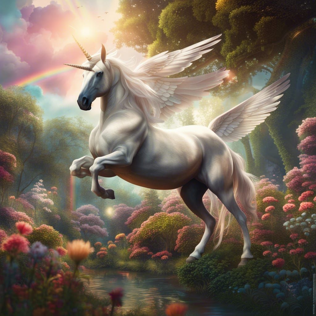 Winged Unicorn Soaring Through Enchanted Garden