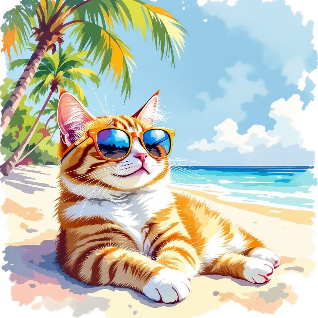 Cat on Beach in Sunglasses, Watercolor Style