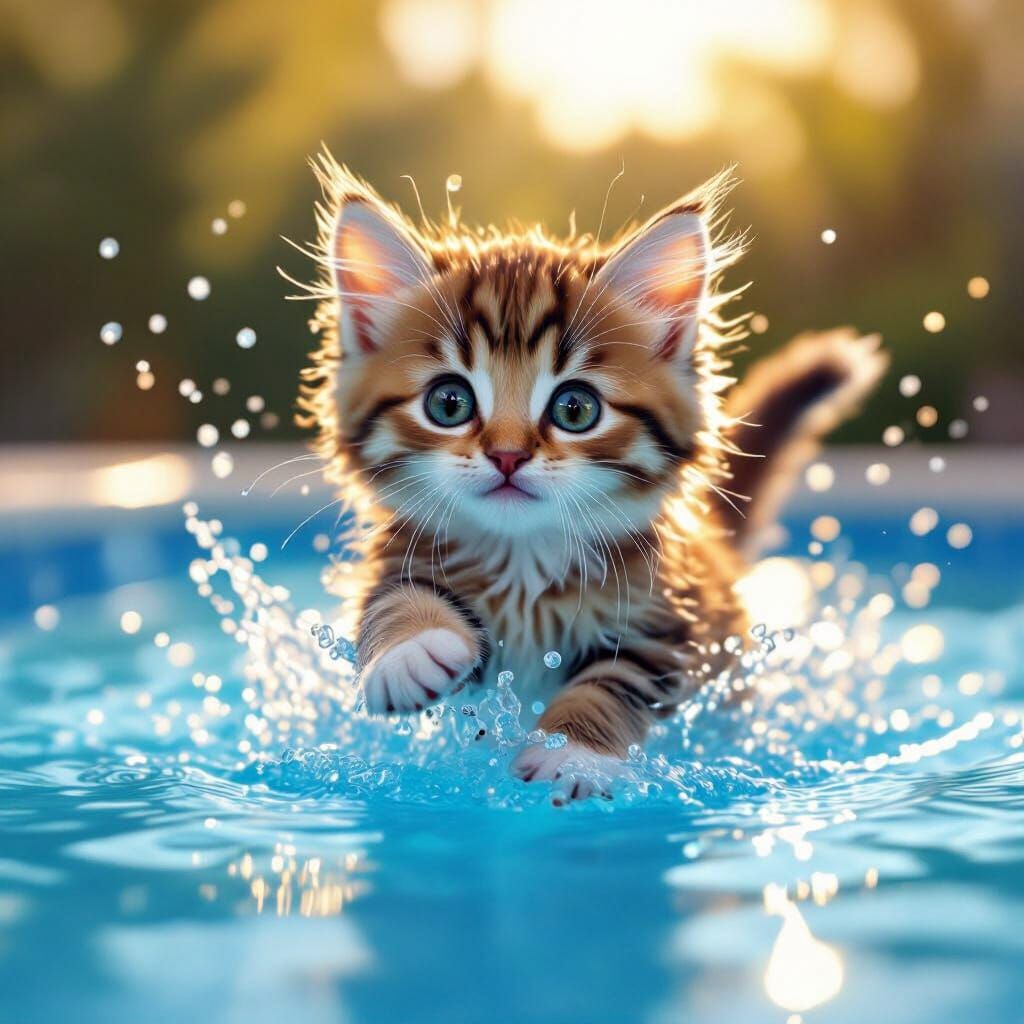 Joyful Kitten Leaping in Sunny Pool - Digital Painting