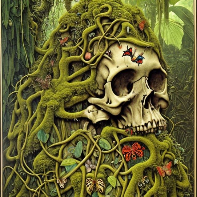 Moss Covered Skull in Jungle, Hyperdetailed Fantasy Art
