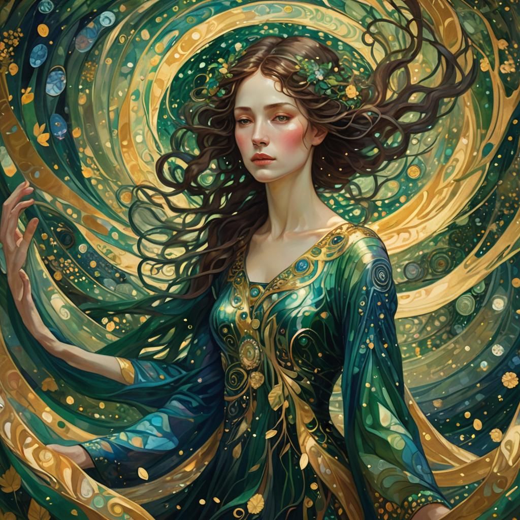 Gustav Klimt-Inspired Woman in Iridescent Wind