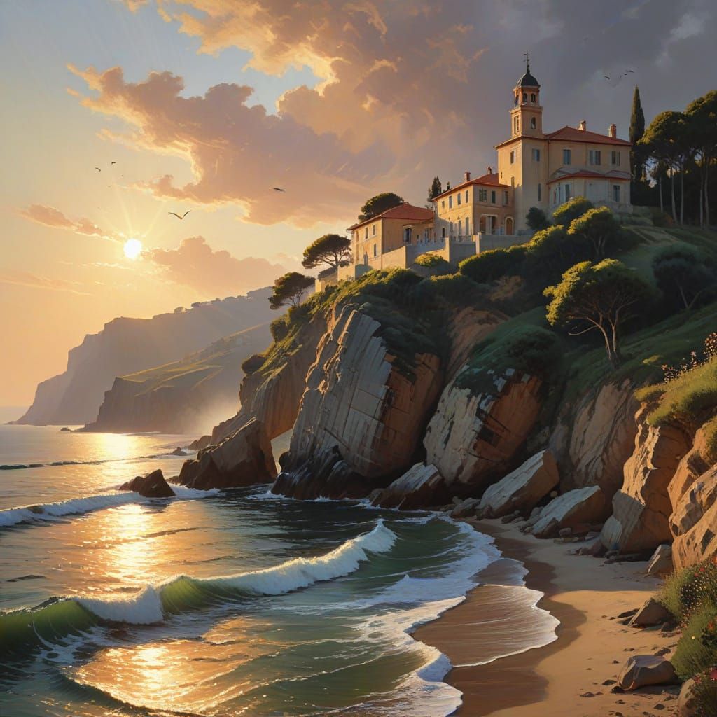 Italian Villa Coastal Summer Landscape at Sunset