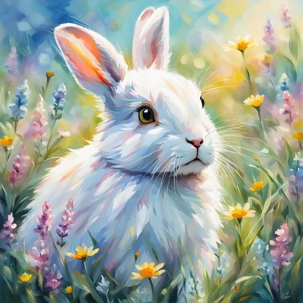 Glowing Rabbit in Wildflower Meadow Impressionist Painting