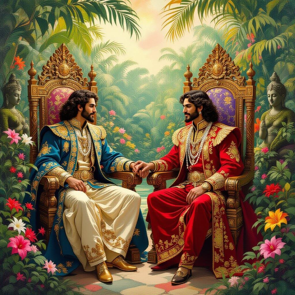 Regal Men in Tropical Garden: A Romantic Scene