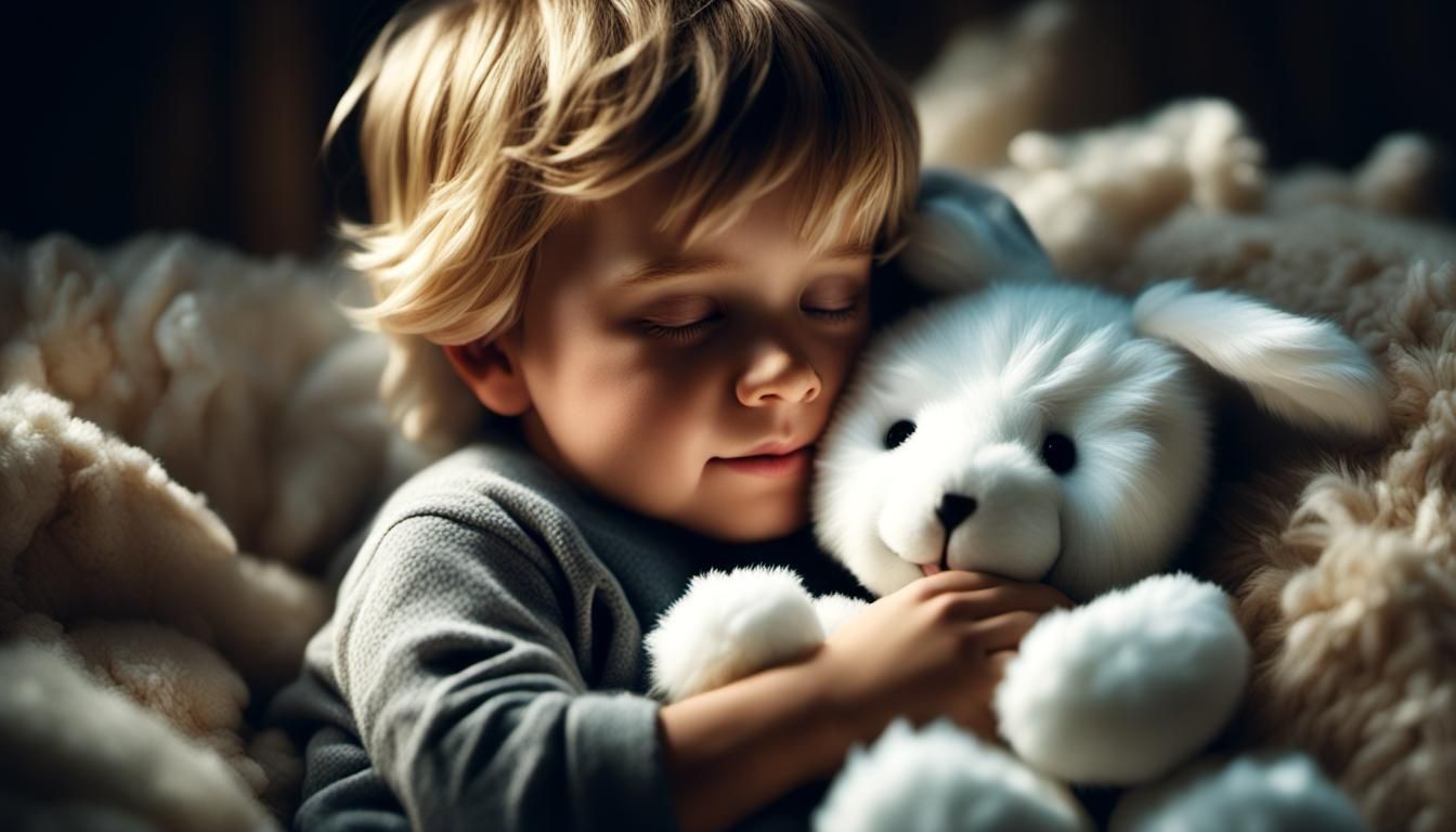 Happy Child Snuggling Furry Bunny: Digital Matte Painting